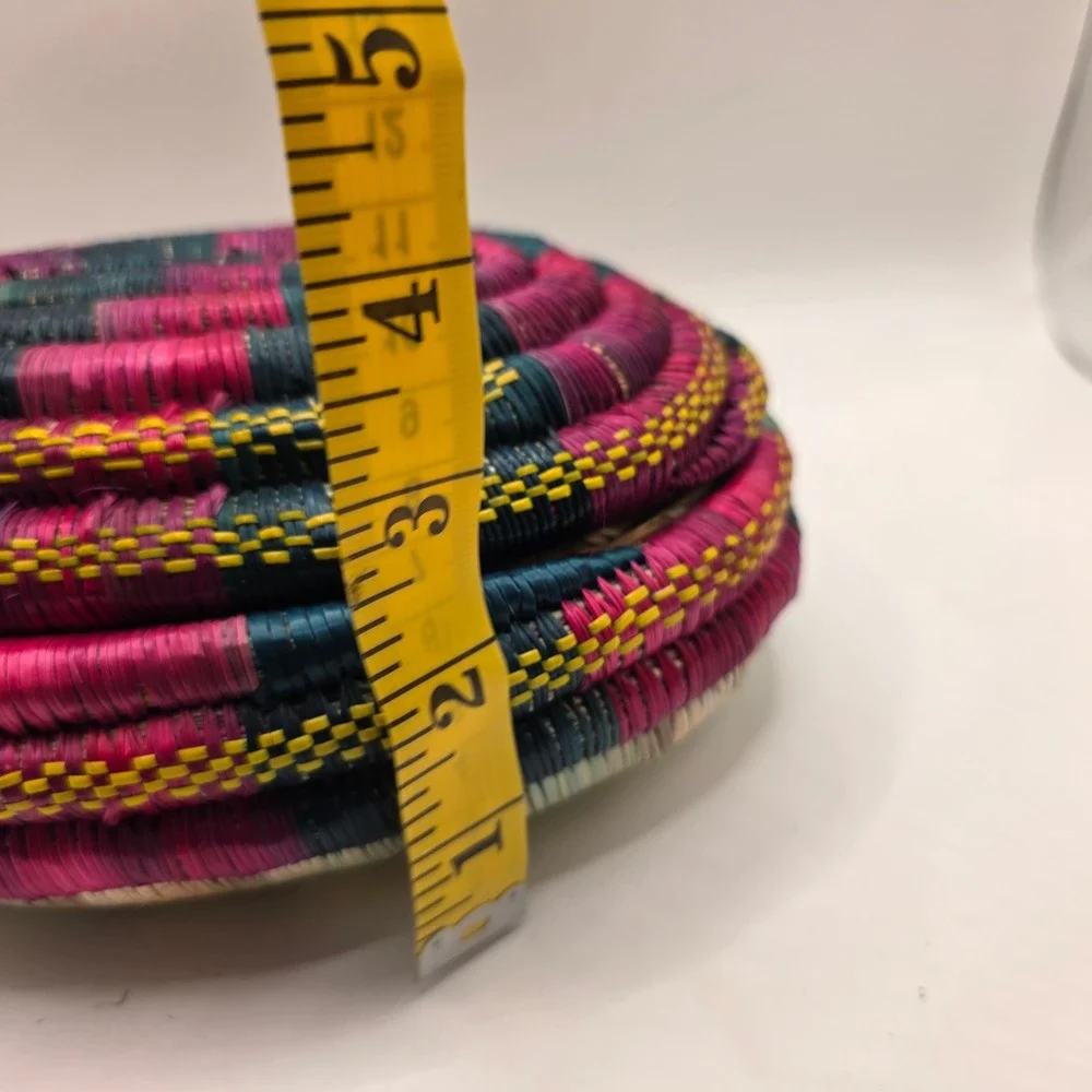 Handwoven Coiled Grass Muday Basket Ethiopian‎ Pink Green Yellow Boho Lidded Box